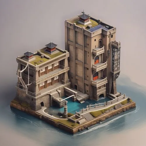 3d isometric, old house, underground, no background, solar panel, japan tradicional,isometric japan building,gunkanjima,hashima,floating islands,floating island,cube stilt houses,seafort,Unique,3D,Iso