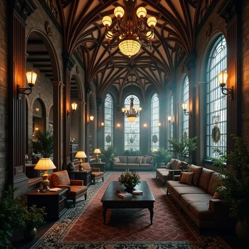 Luxurious penthouse, ornate Gothic details, pointed arches, ribbed vaults, flying buttresses, grandiose chandeliers, intricate stone carvings, stained glass windows, lavish furnishings, dark wood pane