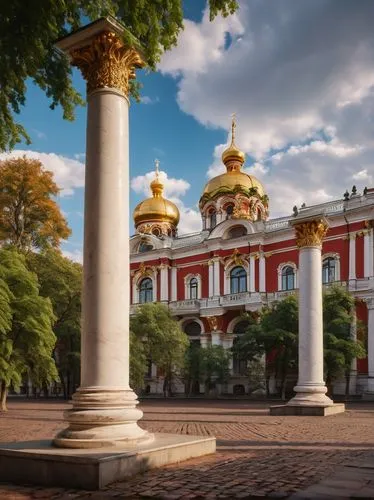 Konstantinov's Palace, historic building, grandeur, Baroque style, ornate details, white marble columns, golden domes, red brick walls, greenery surroundings, Saint Petersburg, Russia, cloudy sky, aft