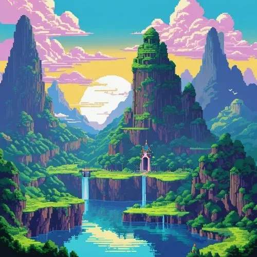 pixel art,paisaje,futuristic landscape,fantasy landscape,mountain world,skylands,landscape background,bird kingdom,an island far away landscape,lagoon,beautiful wallpaper,3d fantasy,oasis,cartoon video game background,mountain landscape,nature background,high landscape,waterfall,paradisus,nature landscape