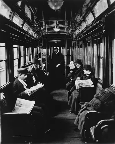 <p>A railcar makes the morning commute in New York City, as passengers read newspapers and gaze out the window.</p>,bus from 1903,man first bus 1916,compartment,first bus 1916,passenger car,unit compa