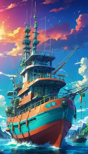 sea fantasy,pineapple boat,gangplank,fishing boat,galleon,ship,Illustration,Japanese style,Japanese Style 03