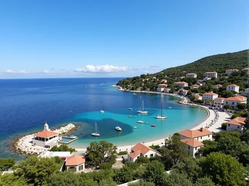 ein dorf an der kroatischen KÜSTE  ählich Tribunj MIT EINEM sandstrand, im hintergrund ein hafen,a view of several small white boats at anchor,kefalonia,skopelos,lastovo,cavtat,skiathos,hvar