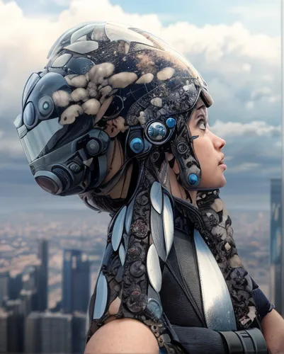 bicycle helmet,climbing helmet,motorcycle helmet,cyberpunk,construction helmet,helmet,climbing helmets,helmets,sci fiction illustration,cyborg,safety helmet,futuristic,ski helmet,scifi,biomechanical,cybernetics,streampunk,dystopia,dystopian,fractal design,Realistic,Movie,Sky High Action