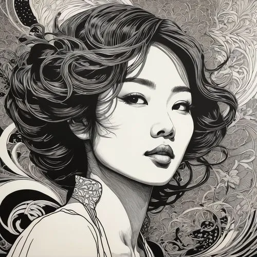 Japanese woman immersed in a joyous moment, intricate line work, art nouveau elements, crosshatching to create dynamic texture, strong contrasts, monochromatic ink technique, inspired by SERGIO TOPPI,