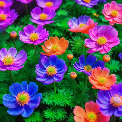 Describe the vibrant colors of anemone blanda in a peaceful garden.,colorful flowers,anemone japan,colorful daisy,anemones,colorful floral,flower background,bright flowers,anemone purple floral,beauti