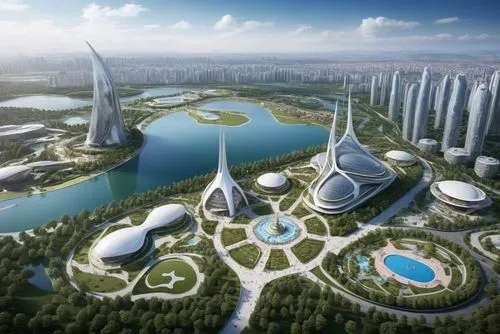 Genplan, general plan, landscape design plan, park, amusement park, Church, lakes, factories, Zaha hadid design, futuristic, skyscapers,futuristic architectural rendering of an asian village with surr