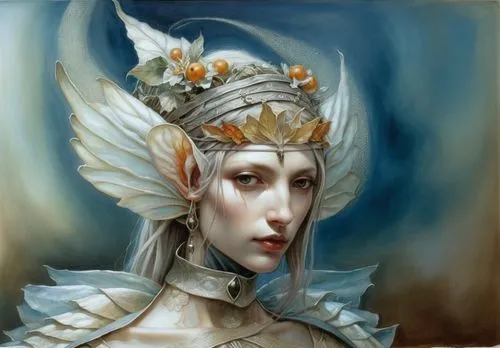 an artwork of a girl with her eyes closed wearing leaves and wreaths,fantasy portrait,headdress,elenore,velika,fantasy art,elven,Illustration,Realistic Fantasy,Realistic Fantasy 14