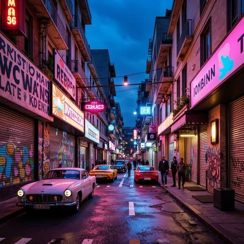 Vibrant urban landscape, neon lights, graffiti murals, eclectic architecture, distressed textures, bold typography, fragmented forms, irreverent colors, clashing patterns, kitschy ornaments, retro-fut