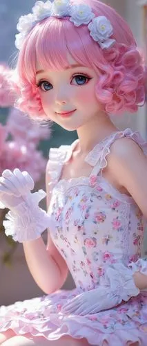 Cute online doll, pink hair clips, sparkly eyes, sweet smile, rosy cheeks, pale skin, lace gloves, frilly dress, pastel colors, flower patterns, kneeling pose, virtual background, bright lighting, sof