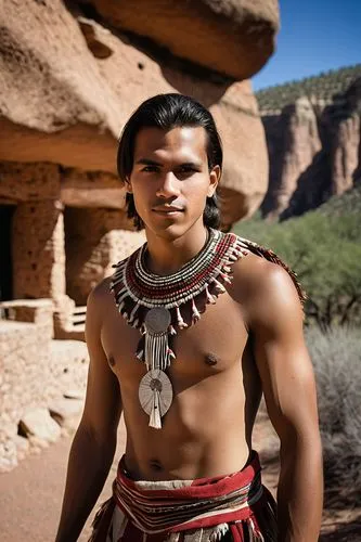 a beautiful young latin man in a tribal attire ((in front of the Gila Cliff Dwellings)), (soft contrast), professional photography, Documental photography, landscape, sunny day, fine details, shot wit