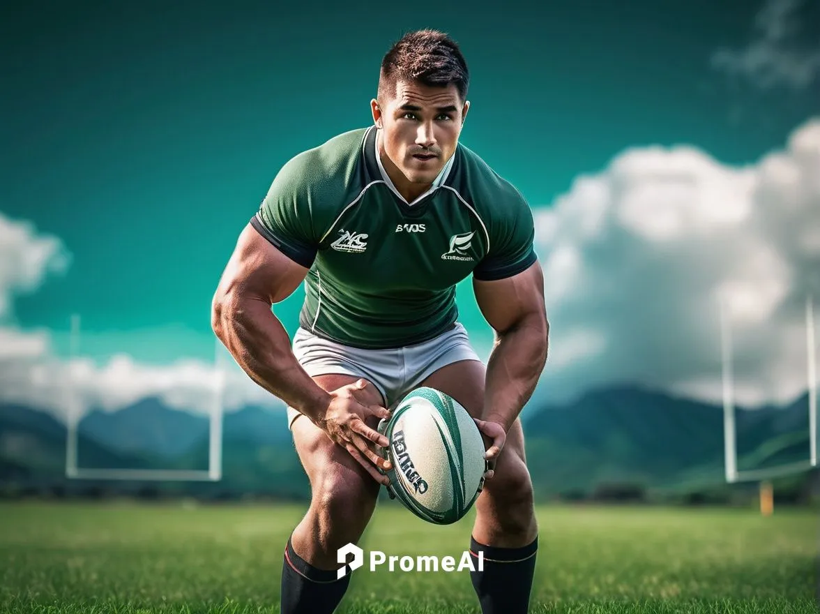 Rugby player, muscular man, athletic build, short spiky hair, strong facial features, sporty clothing, rugby jersey, rugged boots, holding rugby ball, standing on, green grass field, sunny day, few cl