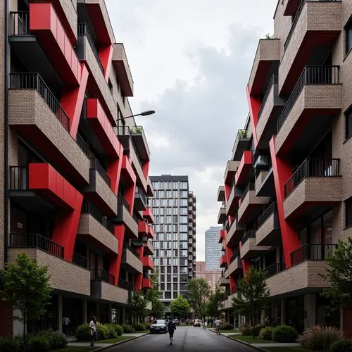 Geometric student halls, constructivist architecture, bold red accents, industrial metal beams, exposed ductwork, angular brick walls, fragmented windows, abstract sculptural forms, urban cityscape, c