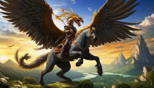 pegasus,griffon bruxellois,gryphon,griffin,fantasy picture,heroic fantasy,bronze horseman,fantasy art,golden unicorn,hornbill,pegaso iberia,alpha horse,imperial eagle,weehl horse,garuda,mythological,sagittarius,falconer,uriel,corsair,Art,Classical Oil Painting,Classical Oil Painting 29