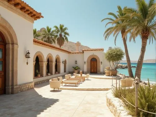 Beige color palette, beachside concert houses, Mediterranean style, white stucco walls, curved archways, clay roof tiles, lush greenery, palm trees, seaside villas, warm sandy beaches, clear turquoise