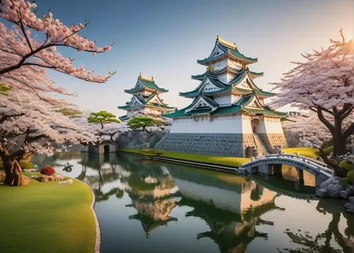 Himeji Castle, Lego architecture, majestic, Japanese-inspired, medieval-style, white walls, red roofs, intricate stone carvings, grand entrance gates, towering spires, ornate bridges, cherry blossom t