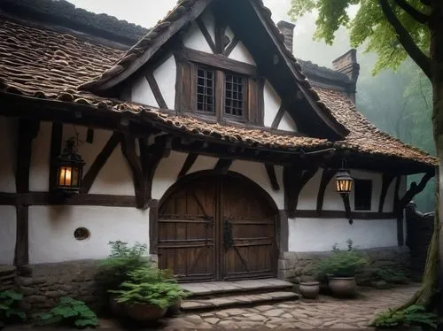 Half-Timber architecture, medieval European style, rustic exterior walls with exposed wooden beams, white plaster infillings, steeply pitched roof, clay tiles, ornate stone carvings, grand entrance do