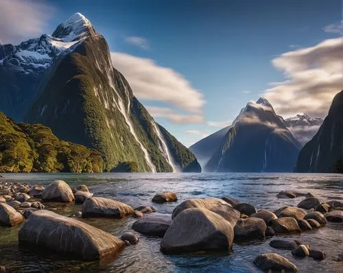 Milford Sound Fjord, New Zealand
,milford sound,new zealand,south island,tasmania,nz,newzealand nzd,mitre peak,landscape photography,north island,glacial landform,landscapes beautiful,snowy mountains,