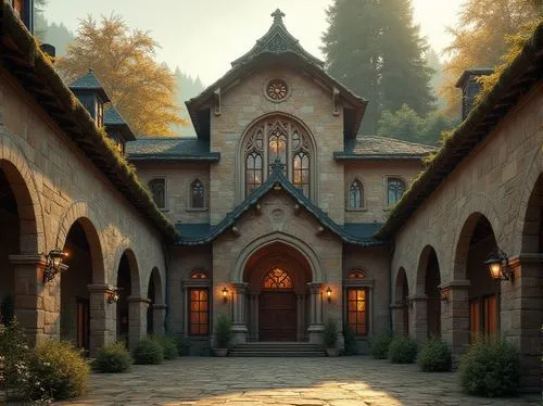 Rustic monastery facade, stone walls, ornate carvings, stained glass windows, grand entrance, arched doorways, intricate moldings, weathered stonework, moss-covered roofs, vintage lanterns, warm golde