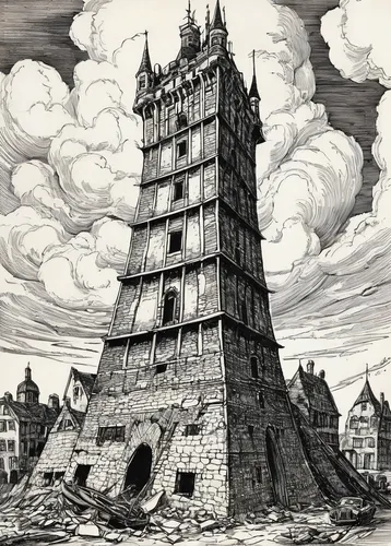 tower of babel,stone tower,baron munchausen,hand-drawn illustration,renaissance tower,panopticon,russian pyramid,escher,prejmer,peter-pavel's fortress,watchtower,scottish folly,stone towers,castle of the corvin,witch's house,crooked house,torre,ruin,animal tower,ghost castle,Illustration,Retro,Retro 06