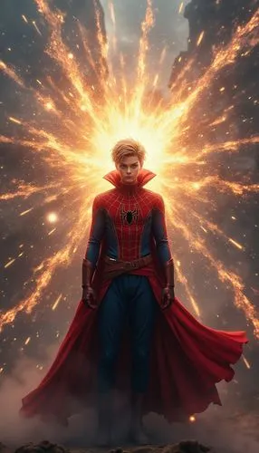 Majestic Fusion of Spider-Man, Katsuki Bakugou, and Dr. Strange, uniting as the Enlightened Explosive Weaver, commanding spatial dimensions and explosive firepower in a mystic setting, prepared to fac