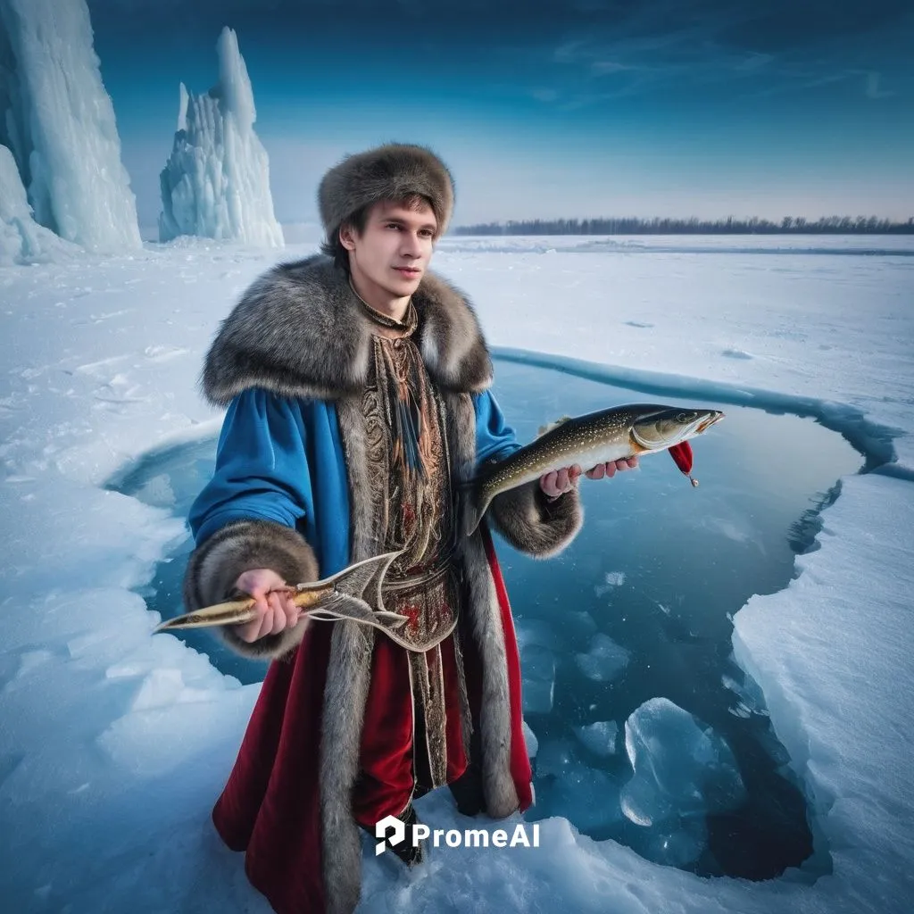 Russian young man in national clothes near ice hole with pike in hands. He speaks with pike. Winter; snowy landscape,nenets,vikingskipet,yamal,hyperboreans,shaktoolik,taimyr,karluk,inupiat,inupiaq,ice