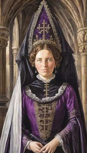 (((A Gothic "Wimple Hennin Purple & Black" with decoration on the woman's head: 1,5 +++, the forehead and temples are wrapped in dark cloth: 1,4+++, on the Gothic cone "Cross tree headdress" there is 