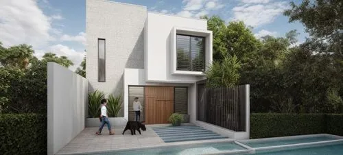 CASA ESTILO MINIMALISTA UBICADA EN UN FRACCIONAMIENTO CON VEGETACIÓN EXUBERANTE, PERSONAS,ARBOLES, PALMERAS, CORRECCION DE ERRORES,a white house is shown with a black dog,3d rendering,residencial,land