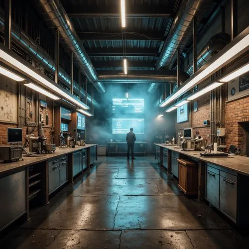 chefs kitchen,laboratories,chemical laboratory,laboratory,scene lighting,the kitchen,kitchen,big kitchen,warehouse,workbenches,metalworks,officine,kitchen interior,kitchens,knife kitchen,laboratorium,officina,industrial design,manufactory,lab