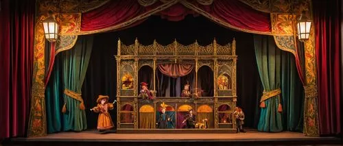 Puppet theater, intricate wooden structure, ornate details, velvet curtains, golden trimming, soft warm lighting, dimly lit audience, dramatic shadows, colorful puppet characters, strings attached, em