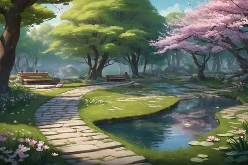 japanese sakura background,sakura background,spring background,springtime background,sakura trees,japan garden,landscape background,japanese garden,japanese zen garden,hanami,idyllic,spring blossoms,sakura tree,sakura blossom,sakura blossoms,spring morning,zen garden,the cherry blossoms,sake gardens,cartoon video game background,Unique,Design,Character Design