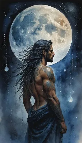 Under a cascading rainfall, delicate drops touching strands of hair and creating silhouettes on the body, various phases of the moon adorning the skin like ephemeral tattoos, a 38 years old man , wate