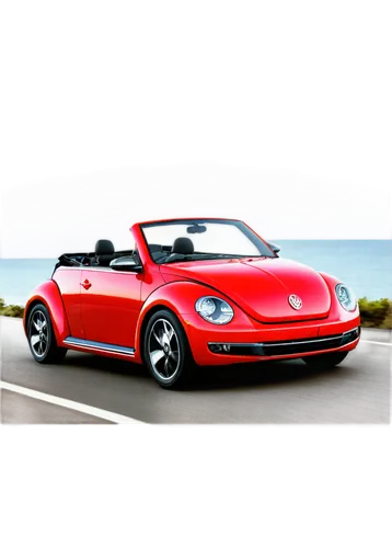 Volkswagen Beetle, classic car, shiny red body, curved lines, rounded headlights, black wheels, silver hubcaps, convertible top down, driving on coastal road, warm sunset lighting, 3/4 composition, ci