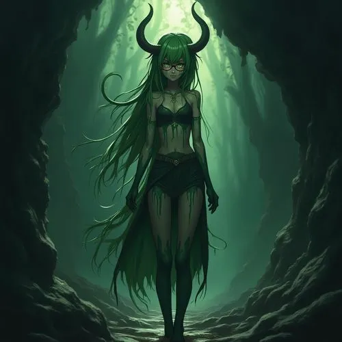 fullbody view of anime girls in dripped bodypaint in a dark cave, green-haired, horned, eyeglasses, evil druid girl,a green and black demon woman walking in the woods,akali,rusalka,naraku,lum,enchantr