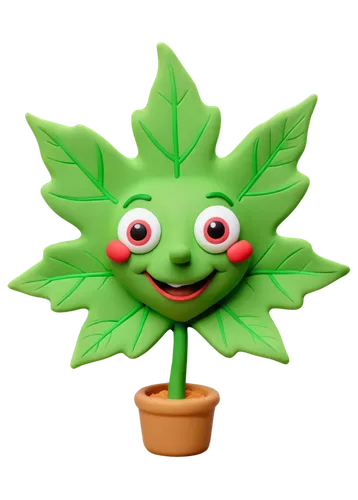 Cartoon maple leaf, bright green, rounded edges, thick stem, curled up tips, smiling face, big shining eyes, rosy cheeks, solo, floating in air, soft focus, warm lighting, 3/4 composition, playful exp