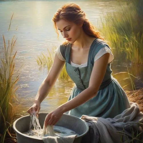 woman at the well,washerwoman,heatherley,girl on the river,washerwomen,milkmaid,fisherwoman,maidservant,the blonde in the river,girl with cereal bowl,stirring,fetching water,laundress,oil painting,washing drum,woman playing,watering,fresh water,girl with bread-and-butter,water nymph,Conceptual Art,Daily,Daily 32