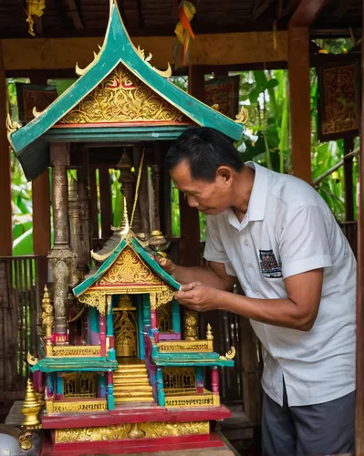 02 NOVEMBER 2016 - BANGKOK, THAILAND:  GOB, who now runs the family spirit house workshop, measures the interior of a spirit house she's making. There used to be 10 families making traditional spirit 