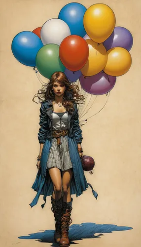 little girl with balloons,balloon-like,balloons,airship,airships,ballooning,balloon,balloons mylar,captive balloon,jester,balloon head,balloon with string,blue balloons,blue heart balloons,art bard,ballon,girl with speech bubble,parachutist,baloons,heroic fantasy,Illustration,American Style,American Style 02