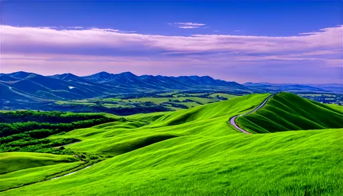 Panoramic view, wide-angle lens, curved horizon, breathtaking landscape, daytime, clear blue sky, few white clouds, rolling hills, lush green grass, winding road, distant mountains, misty atmosphere, 