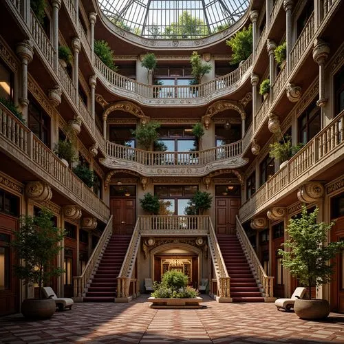 Intricate ironwork, flowing organic lines, sinuous curves, ornate facades, decorative balconies, foliage-inspired motifs, stained glass windows, colorful mosaic tiles, grand entranceways, sweeping sta