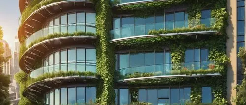 Green architecture, futuristic building, eco-friendly design, lush green walls, ivy-covered facade, solar panels, curved lines, modern minimalist style, sleek glass windows, steel framework, rooftop g