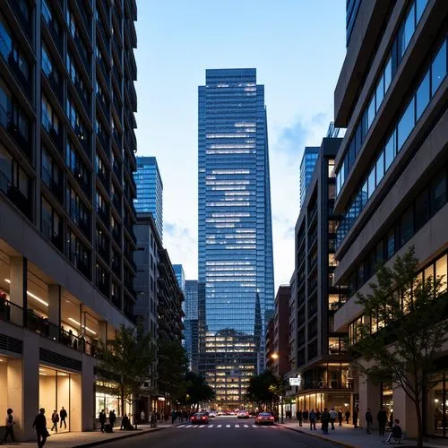 Monochromatic skyscrapers, metallic accents, sleek glass towers, minimalist balconies, urban cityscape, bustling streets, contemporary architecture, bold color blocking, abstract geometric patterns, b