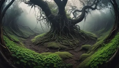 Deconstructive landscape, chaotic natural formation, irregular rocky terrain, overgrown with weeds, vines crawling up trees, broken branches, twisted roots, eerie misty atmosphere, warm soft lighting,