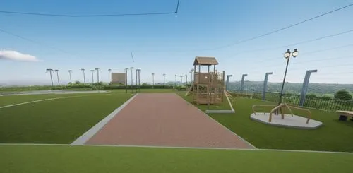 put trees, make the park as realistic as possible, put sky 
,a rendering shows a children's play area on top of the grass,swingset,empty swing,playground,play area,zipline,swing set,Photography,Genera