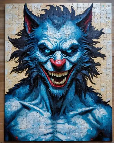 jigsaw,jigsaw puzzle,playmat,krampus,chalk drawing,cheshire,devil,door mat,werewolf,blue demon,horror clown,blue tiger,wolfman,meeple,creepy clown,cutting mat,snarling,100x100,wood board,canvas board,Conceptual Art,Oil color,Oil Color 05