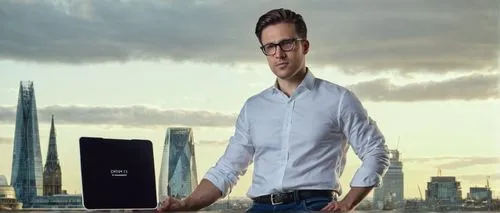 Wandsworth architectural designer, male, 30s, stylish glasses, short brown hair, clean-shaven, white shirt, dark blue jeans, black boots, holding a tablet, standing, confident pose, modern interior de