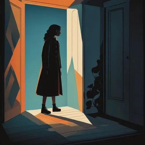 woman silhouette,sci fiction illustration,in a shadow,in the door,house silhouette,overcoat,the threshold of the house,the door,cloak,black coat,mystery book cover,investigator,man silhouette,game illustration,in the shadows,book illustration,cold room,open door,frame illustration,silhouette,Photography,Fashion Photography,Fashion Photography 06