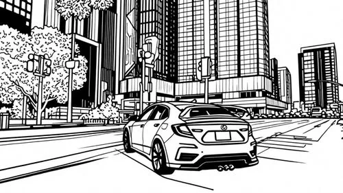 the street with cars and skyscrs in black and white,coloring page,motorcity,city highway,mono-line line art,city scape,car drawing,Design Sketch,Design Sketch,Rough Outline