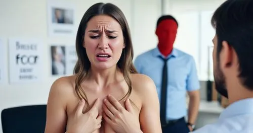 woman in office not wearing any clothes. She is crying whilst talking to manager,the woman is having her hand in her chest,hyperthyroid,gynecomastia,hyperthyroidism,hypothyroidism,hyperhidrosis,acupre