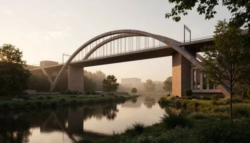 Curved bridge silhouette, sweeping arches, rusticated stone pillars, suspended walkways, cable-stayed structure, futuristic lighting systems, gleaming metallic surfaces, angular supports, regionalist 